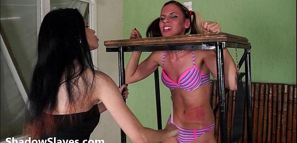  Brazilian bdsm and lesbian whipping of tied teen slave girl Geovanna in hard fem